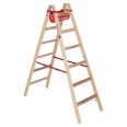 Euroline Holz Sprossenstehleiter mit Comfort-Breitsprossen, Eimerhaken und Werkzeugablagetasche 2x6 Sprossen