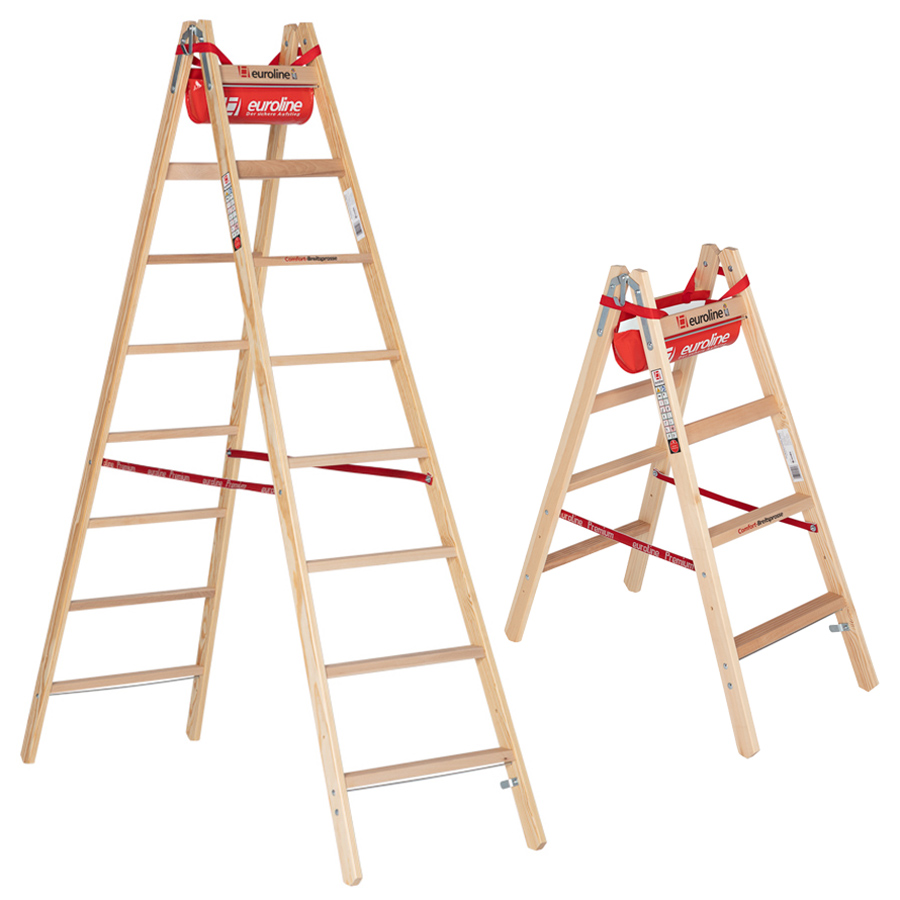 Euroline Holz Sprossenstehleiter mit Comfort-Breitsprossen, Eimerhaken und Werkzeugablagetasche