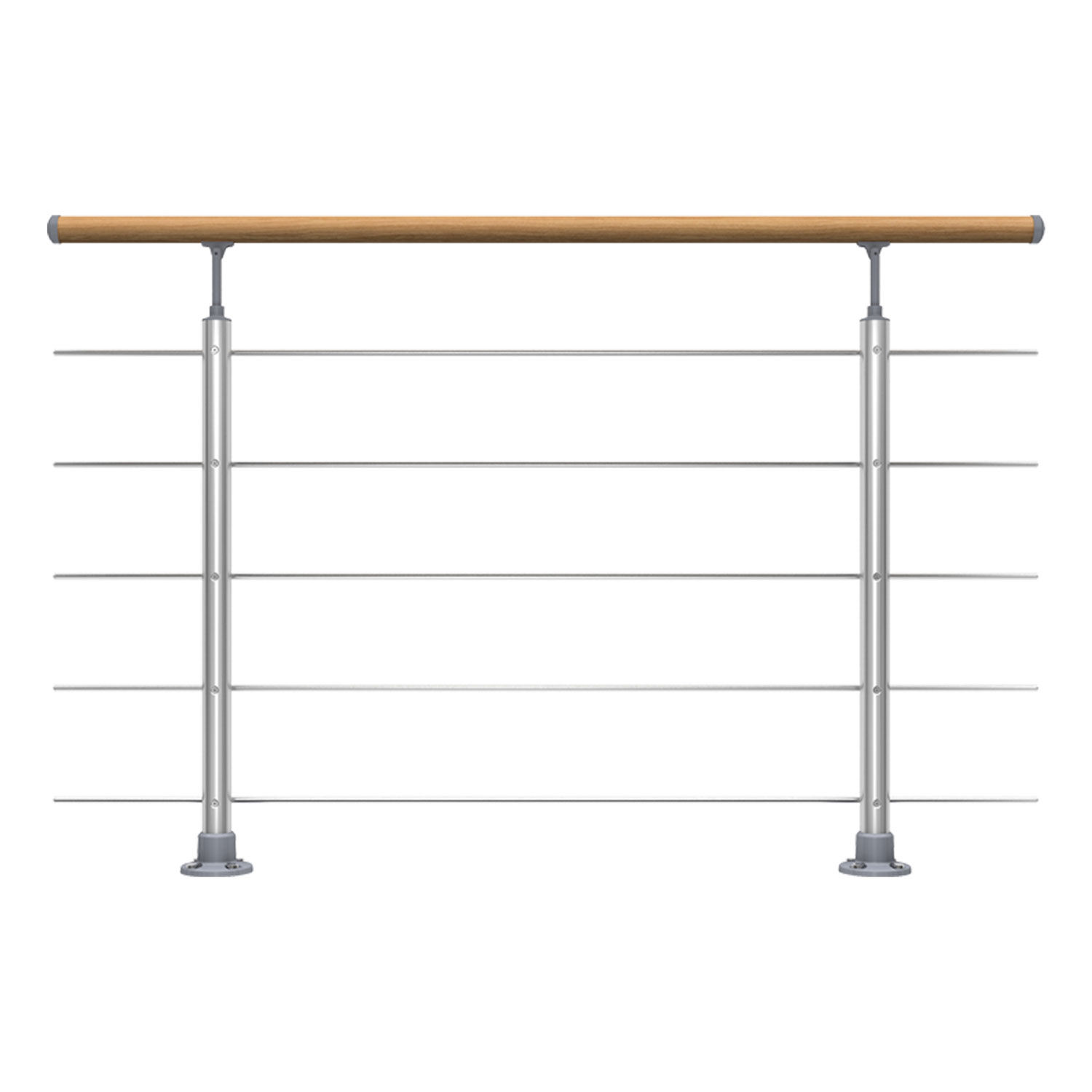 Dolle Brüstungsgeländer zur Bodenmontage Aluminium natur mitlaufende Edelstahlstäbe und Pfosten rund, Handlauf in Eiche versiegelt