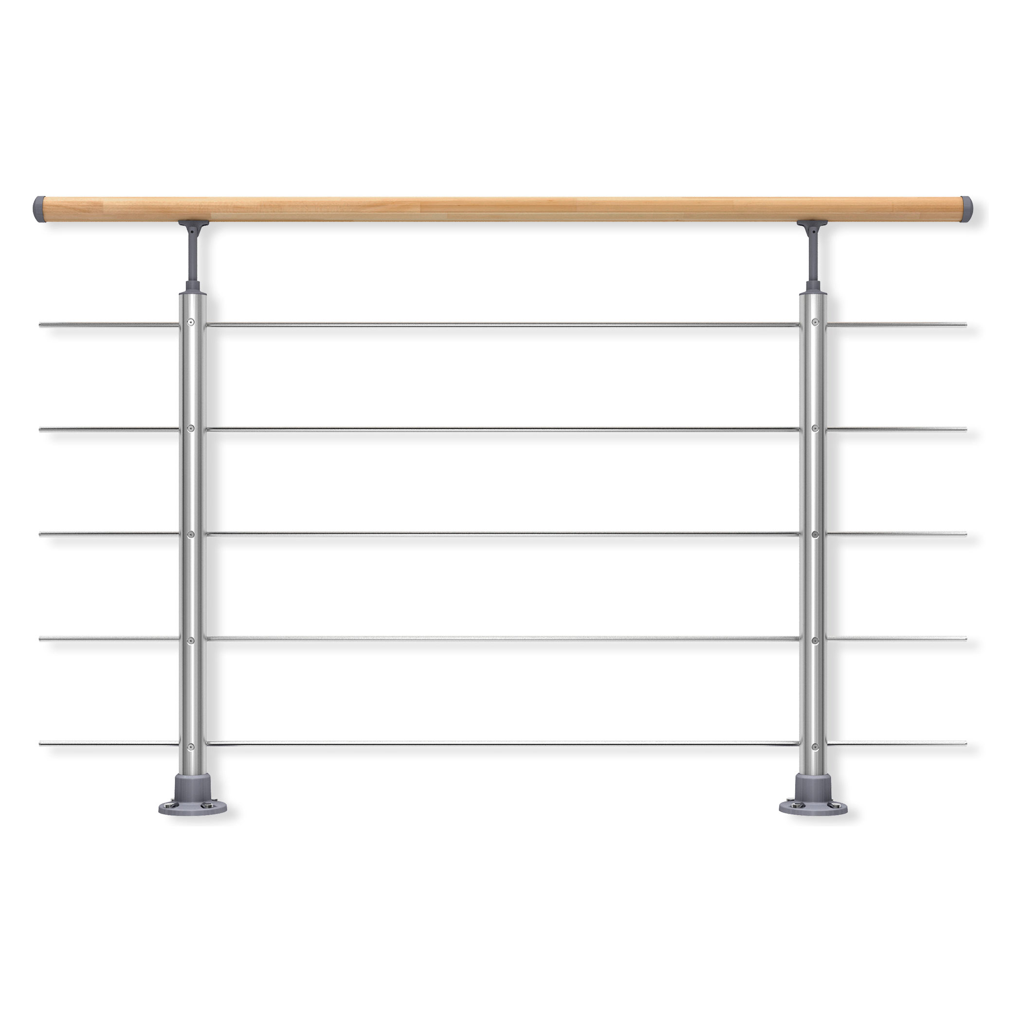 Dolle Brüstungsgeländer zur Bodenmontage Aluminium natur mitlaufende Edelstahlstäbe und Pfosten rund, Handlauf in Buche versiegelt