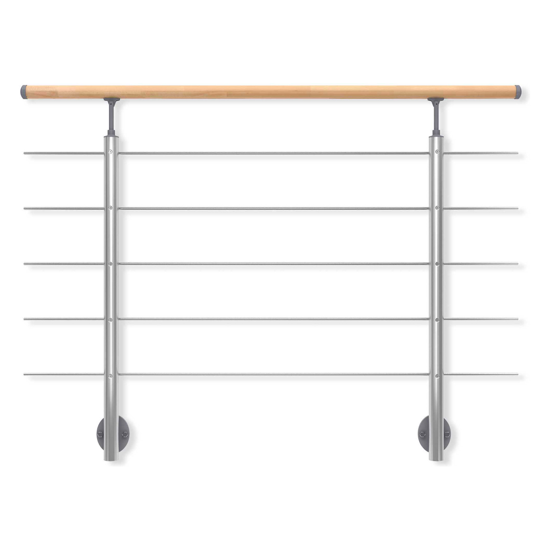 Dolle Brüstungsgeländer zur Wandmontage 1,5m Aluminium mitlaufende Edelstahlstäbe, Pfosten rund, Handlauf Buche versiegelt, rund