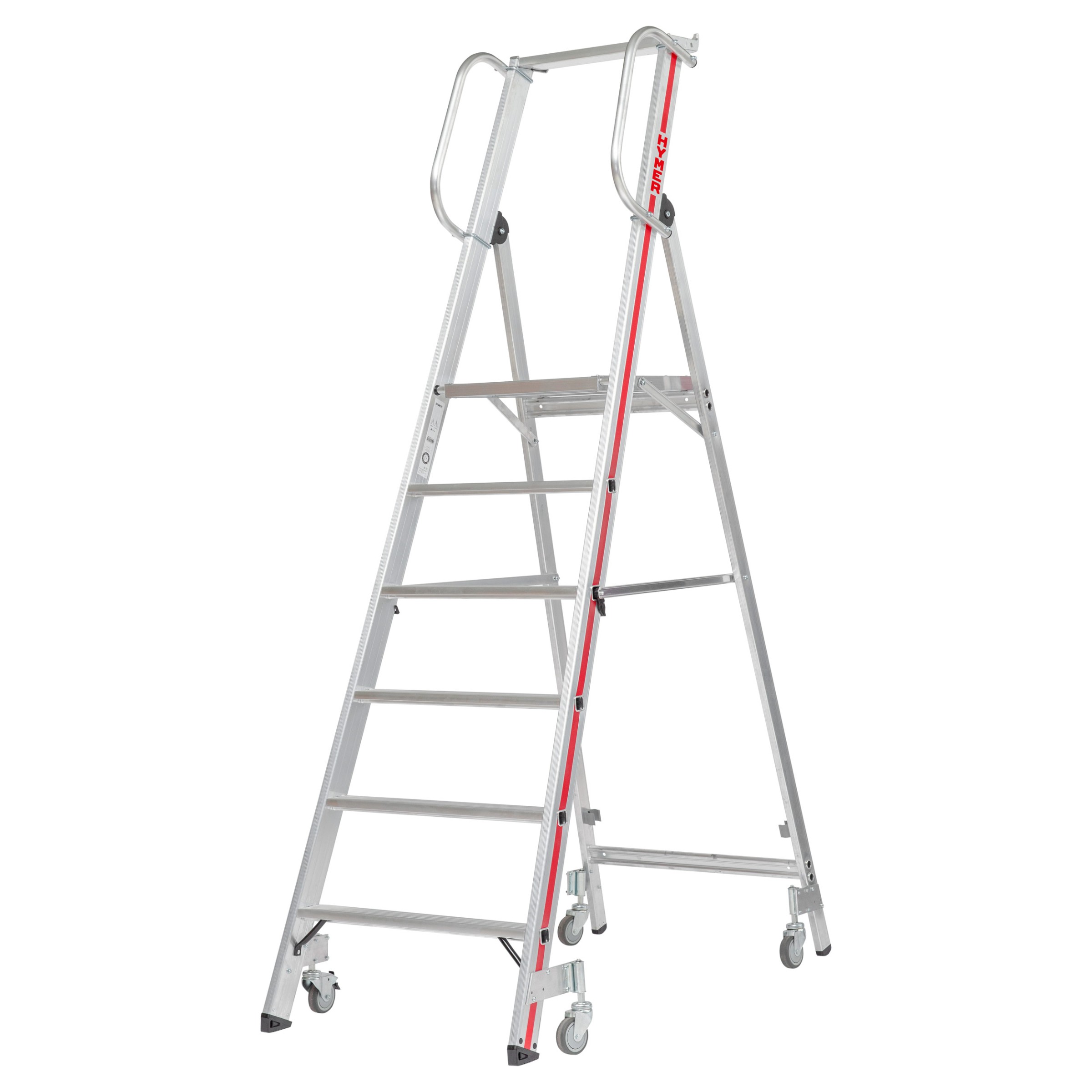 Hymer Plattformleiter mit beidseitigem Handlauf und 4 schwenkbare Federrollen 6 Stufen