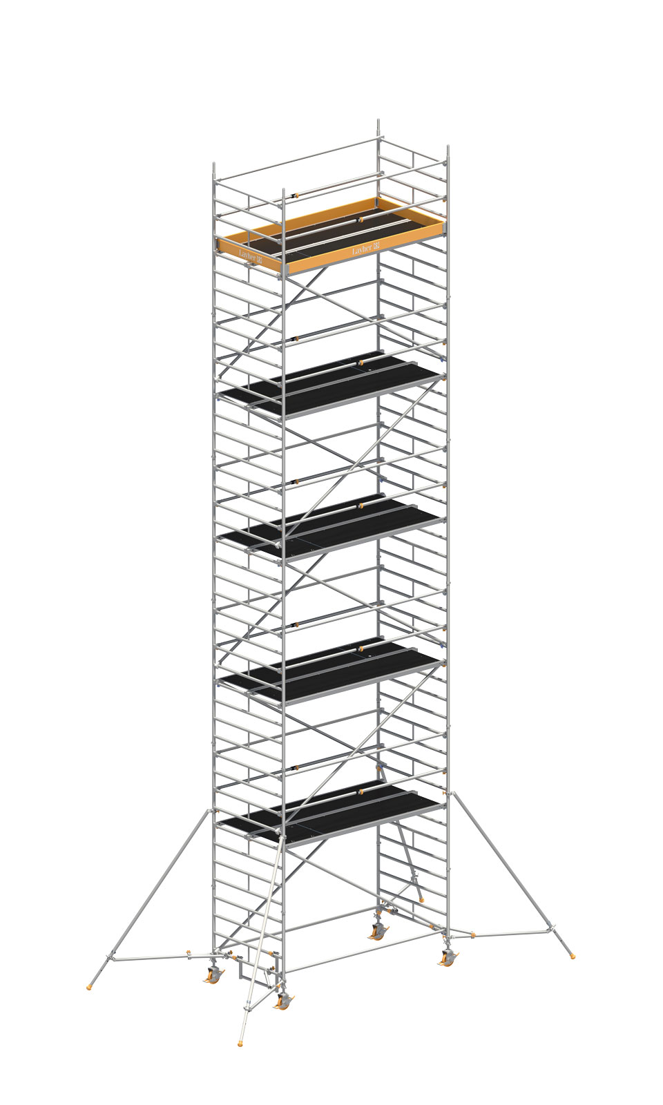 Layher Rollgerüst Uni Breit Sicherheitsaufbau P2 mit Uni Telegeländer und ausziehbaren Gerüststützen 12,20m AH