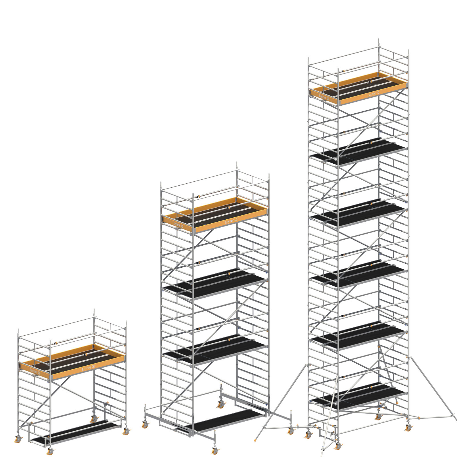 Layher Rollgerüst Uni Breit P2 mit Uni Telegeländer und wahlweise ausziehbaren Gerüststützen bis 13,38m AH