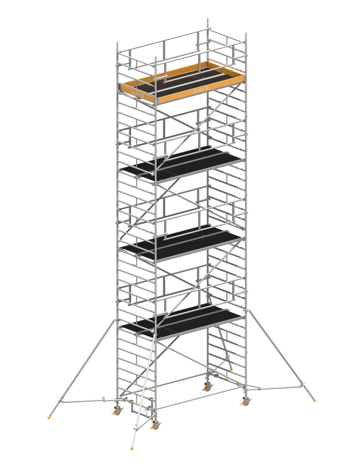 Layher Rollgerüst Uni Breit P2 Safety Plus mit Doppelgeländer und ausziehbaren Gerüststützen 10,20m AH
