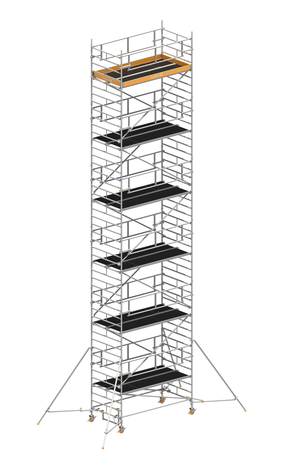 Layher Rollgerüst Uni Breit P2 Safety Plus mit Doppelgeländer und ausziehbaren Gerüststützen 13,20m AH
