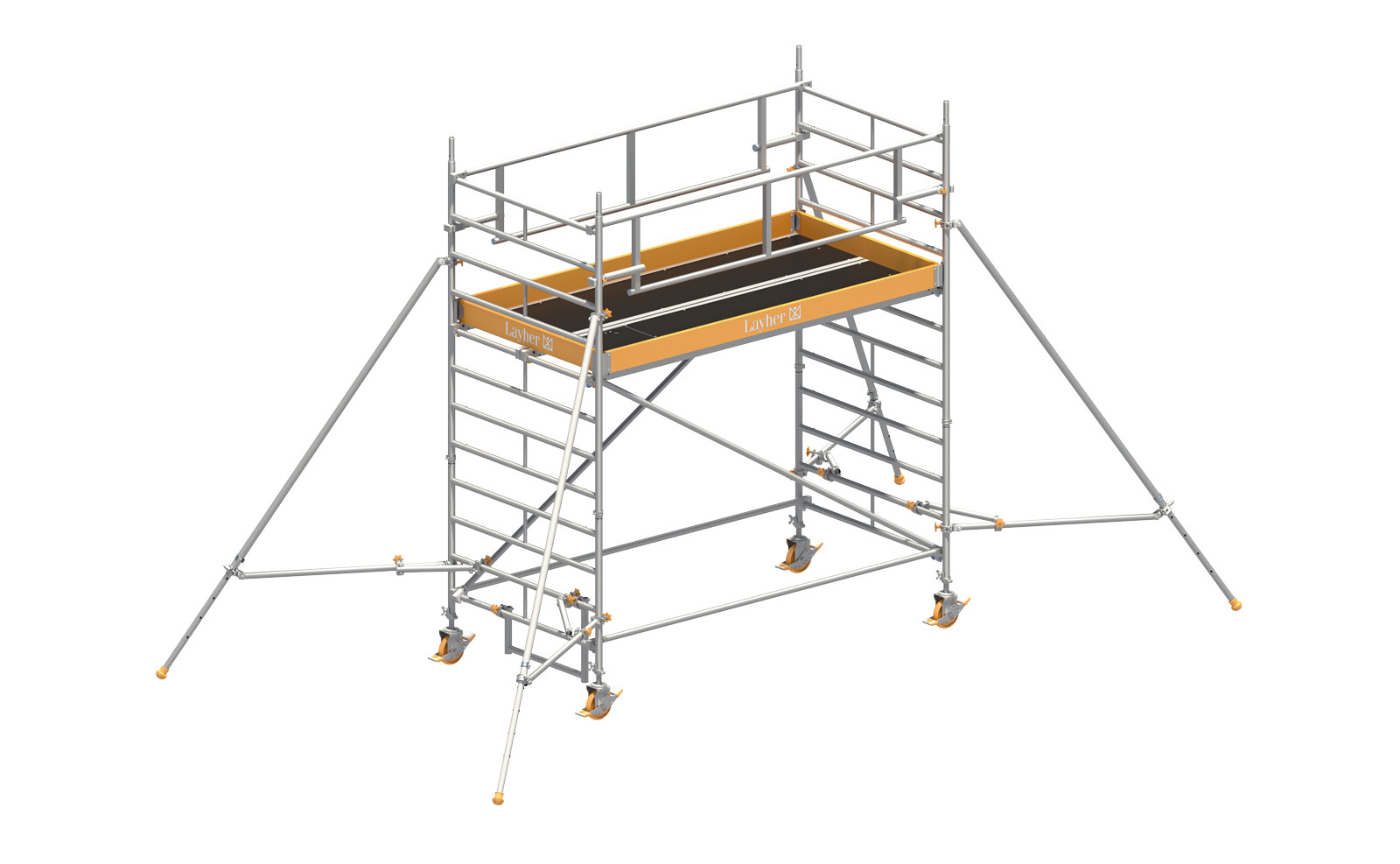 Layher Rollgerüst Uni Breit P2 Safety Plus mit Doppelgeländer und ausziehbaren Gerüststützen 4,20m AH