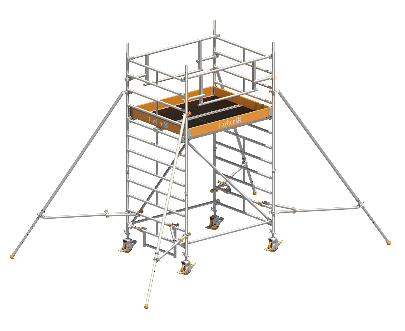 Layher Rollgerüst Uni Kompakt P2 Safety Plus mit Doppelgeländer und ausziehbaren Gerüststützen 4,20m AH