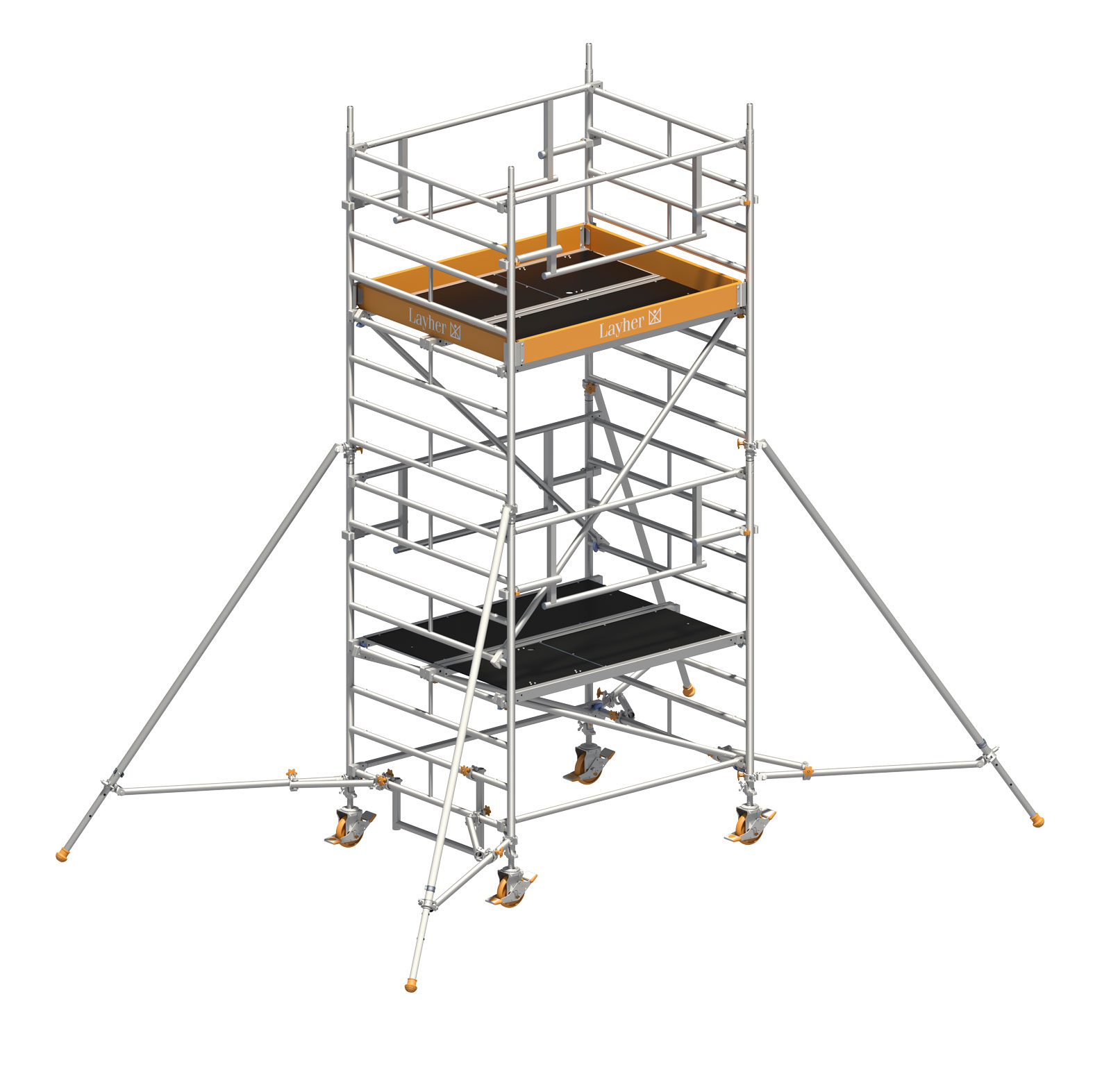 Layher Rollgerüst Uni Kompakt P2 Safety Plus mit Doppelgeländer und ausziehbaren Gerüststützen 5,20m AH