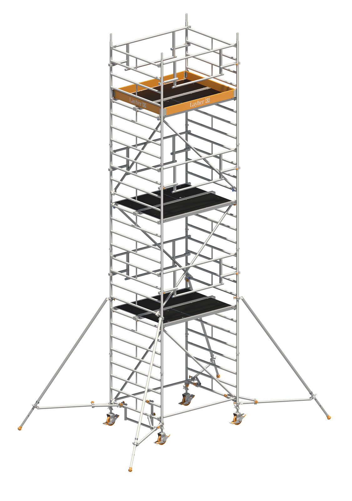 Layher Rollgerüst Uni Kompakt P2 Safety Plus mit Doppelgeländer und ausziehbaren Gerüststützen 8,20m AH