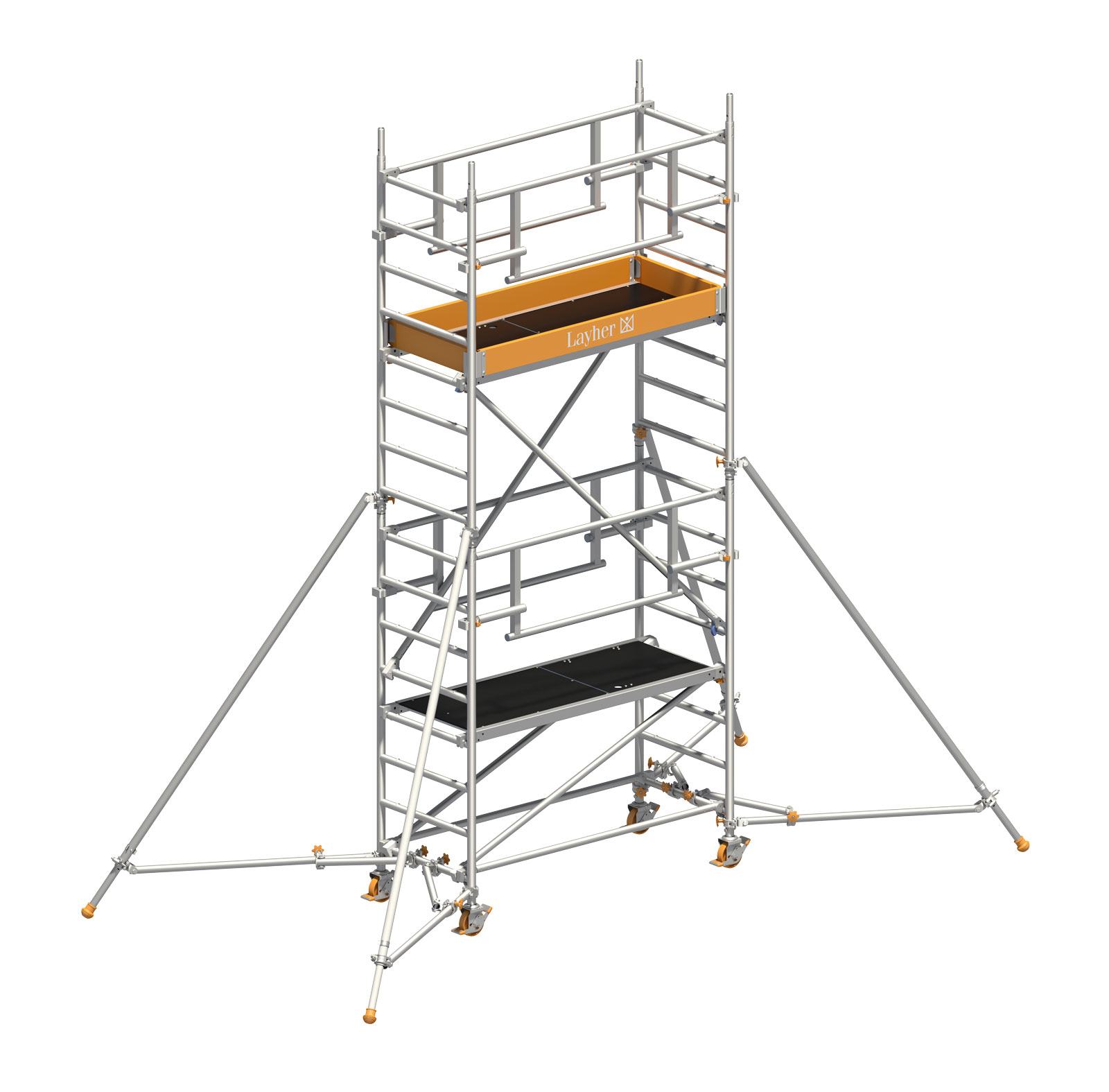 Layher Rollgerüst Uni Leicht P2 Safety Plus mit Doppelgeländer und ausziehbaren Gerüststützen 5,10m AH