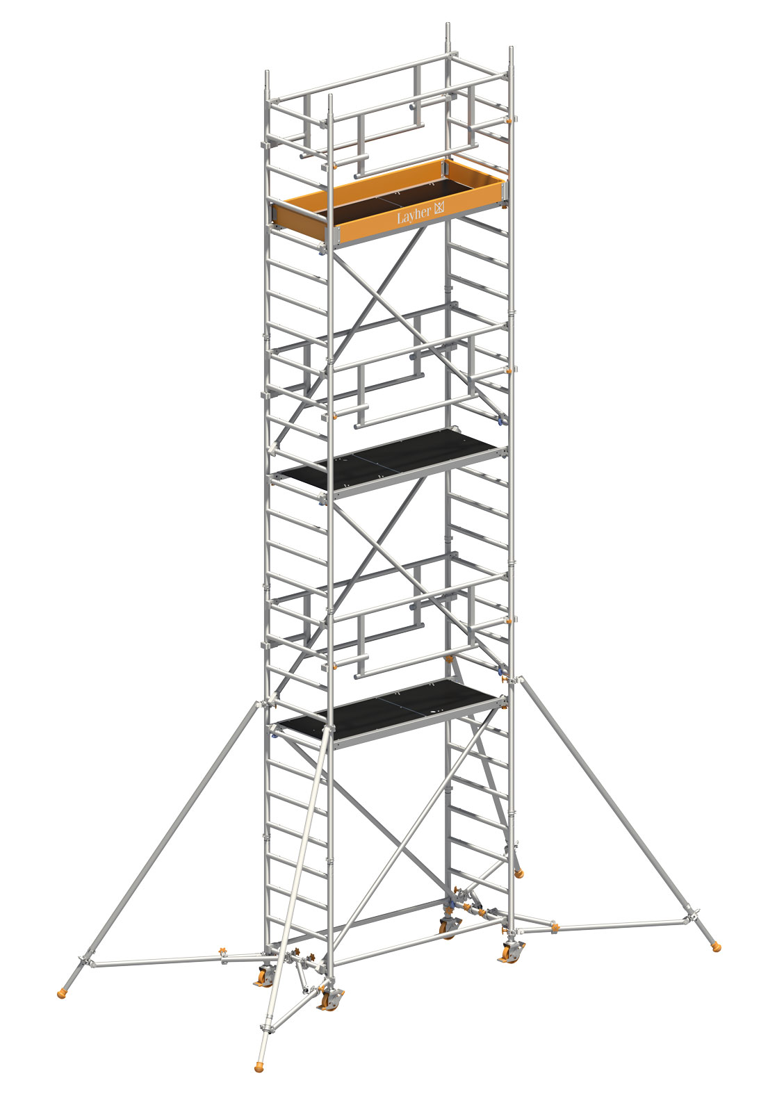 Layher Rollgerüst Uni Leicht P2 Safety Plus mit Doppelgeländer und ausziehbaren Gerüststützen 8,10m AH