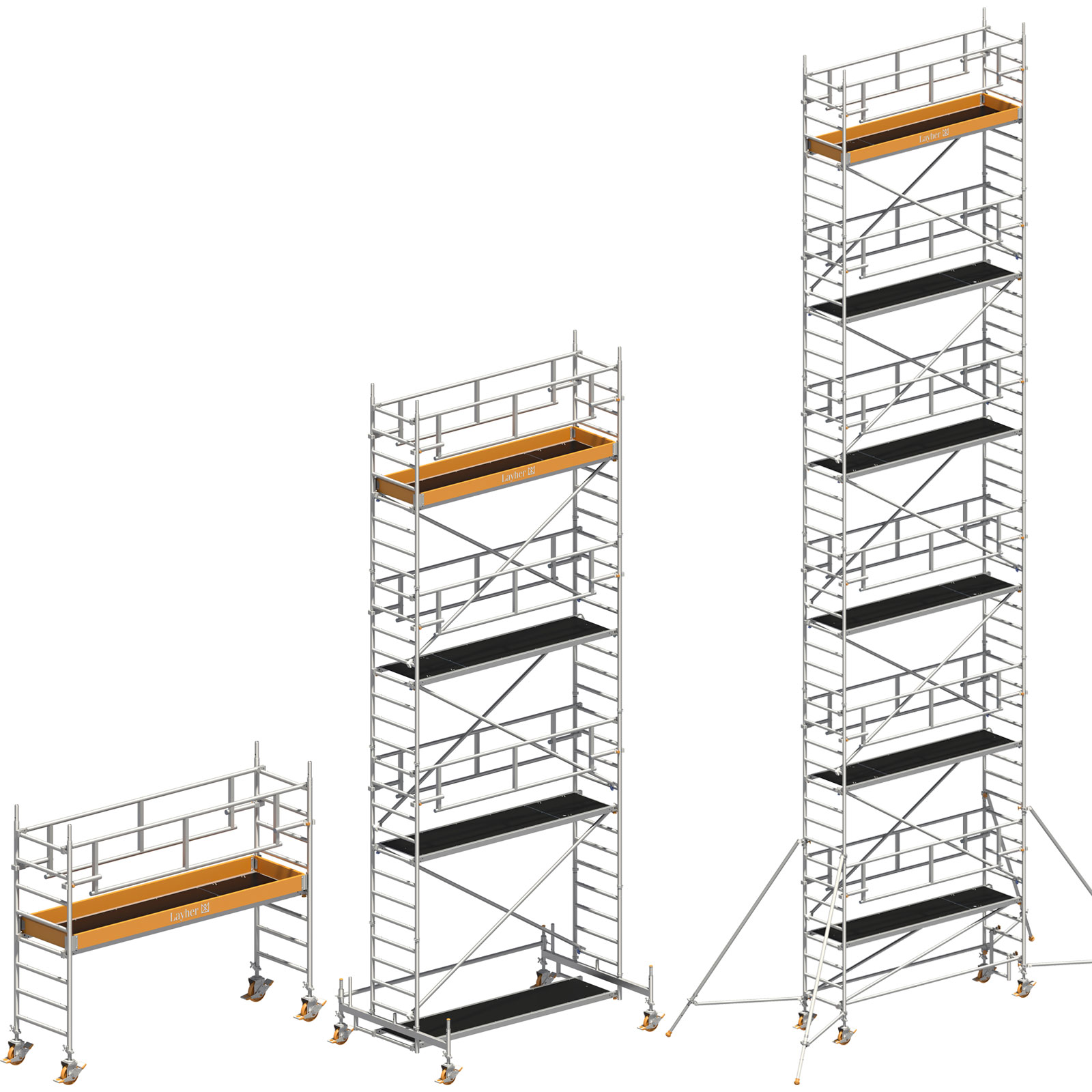 Layher Rollgerüst Uni Standard P2 Safety Plus mit Doppelgeländer und wahlweise ausziehbaren Gerüststützen bis 13,38m AH.