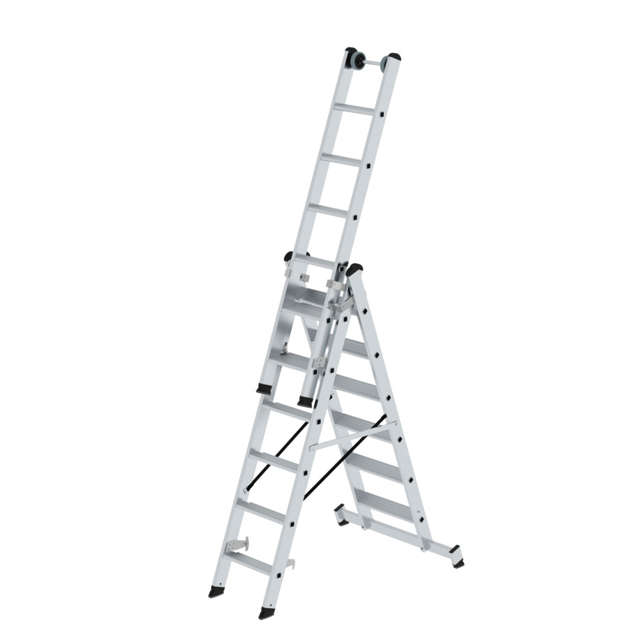 MUNK Stufen- Mehrzweckleiter mit Wandlaufrollen und Nivello® Traverse 3x6 Stufen