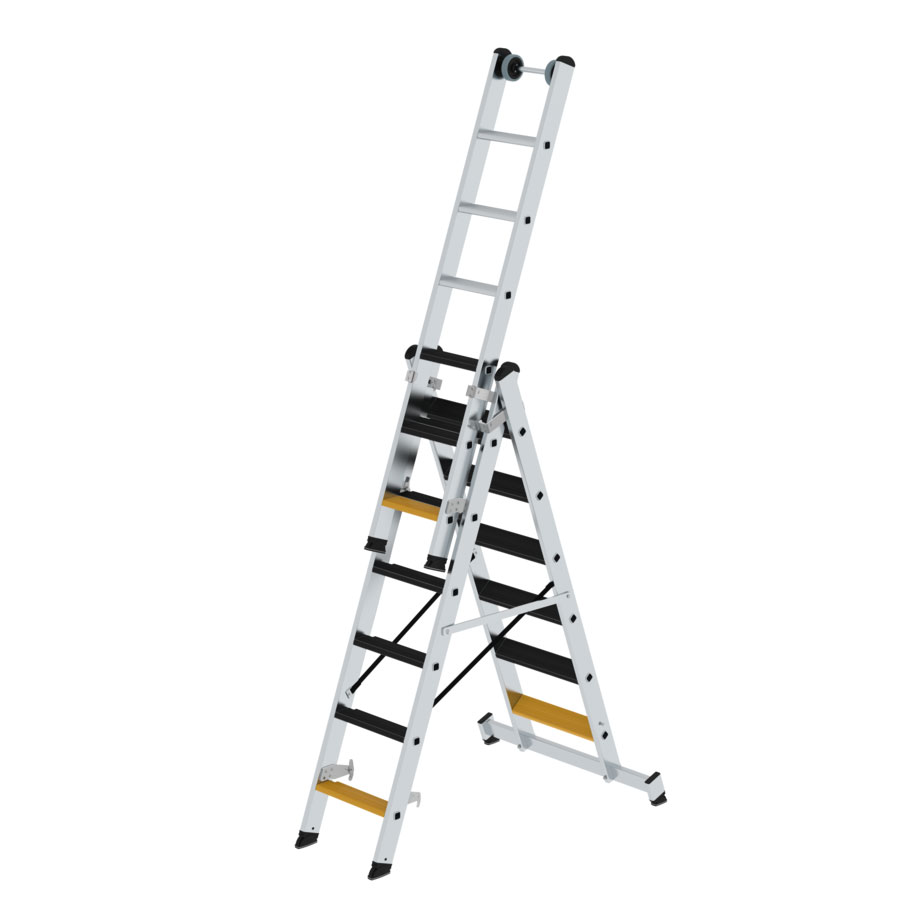 MUNK Stufen- Mehrzweckleiter mit Wandlaufrollen, clipstep R13 und Nivello® Traverse 3x6 Stufen
