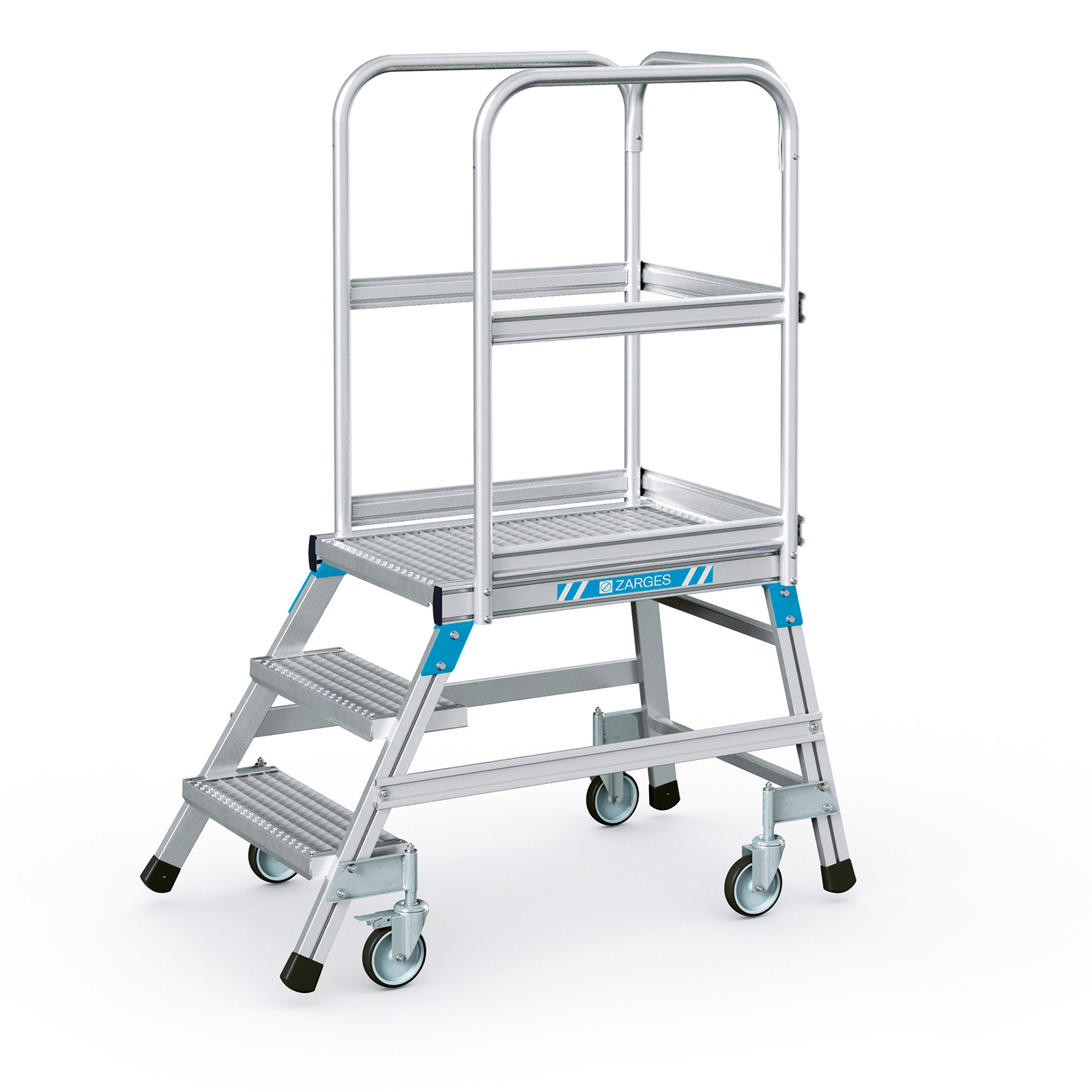 Zarges Podestleiter fahrbar mit 3 Stahl-Giterrost-Stufen