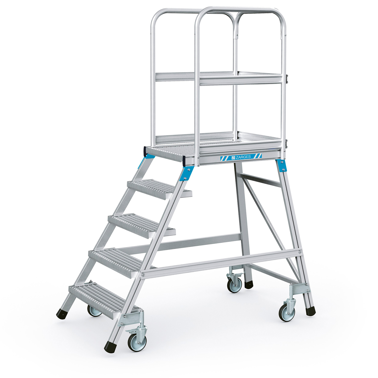 Zarges Podestleiter fahrbar mit 5 Stahl-Giterrost-Stufen