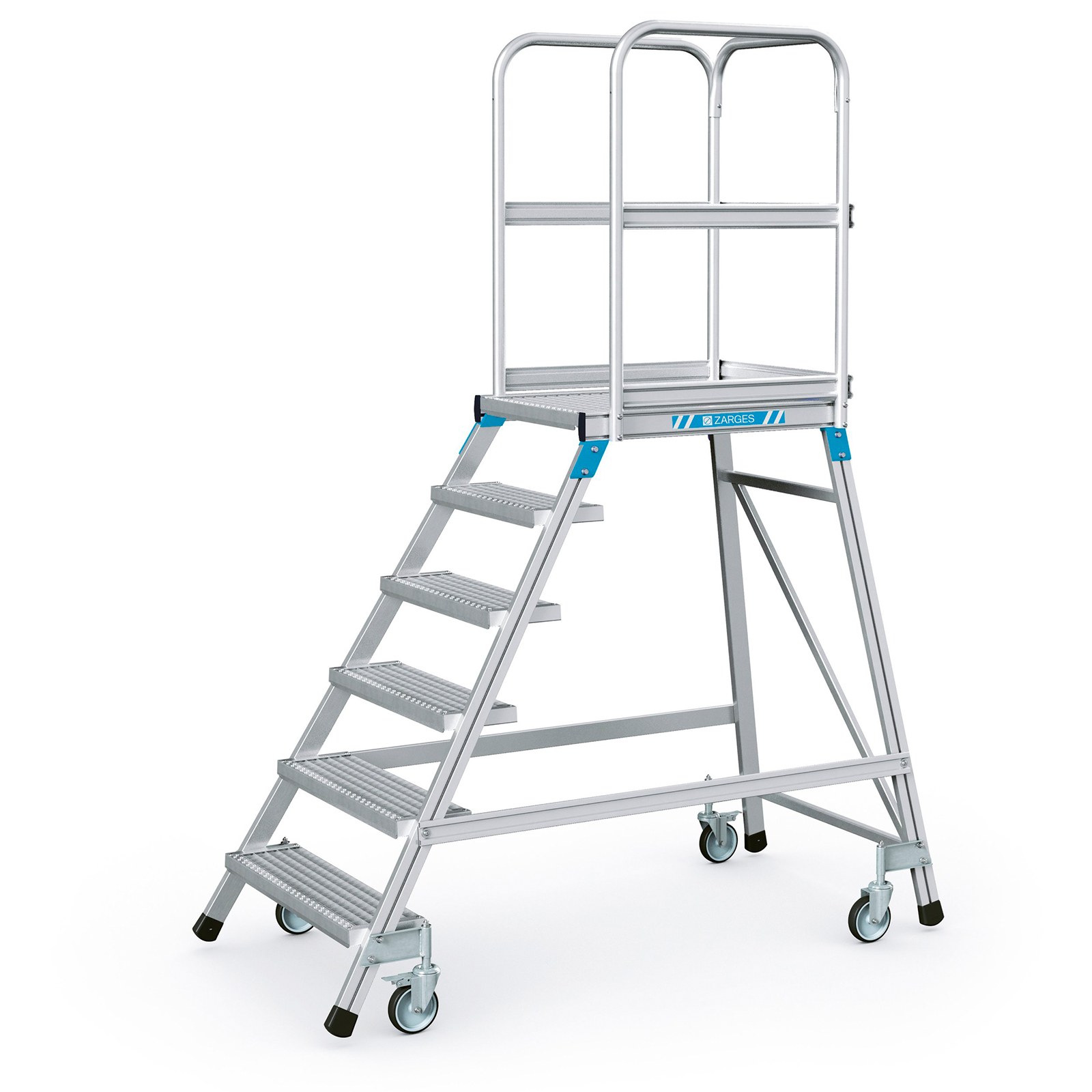 Zarges Podestleiter fahrbar mit 6 Stahl-Giterrost-Stufen