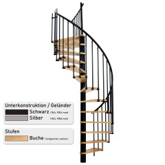 Minka Spindeltreppe Berlin in silber mit Buchenstufen bis 309cm Geschosshöhe Ø120/140cm