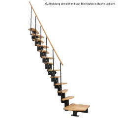 Minka Mittelholmtreppe Quatro ¼-gewendelt in Buche auf Walnuss gebeizt, UK schwarz mit 322cm Geschosshöhe
