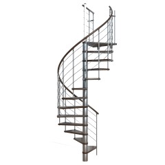 Minka Spindeltreppe Venezia Buche auf Walnuss lackiert mit Handlauf und UK in silber Ø140cm bis 309,4cm Geschosshöhe