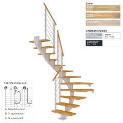 Dolle Mittelholmtreppe Hamburg 1/4 gewendelt Eiche weiß, geölt 75 cm breit für GH 240 – 279 cm UK Metall Weiß mit Geländer