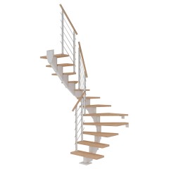 Dolle Mittelholmtreppe Hamburg 1/2 gewendelt Eiche weiß, geölt 85 cm breit für GH 222 – 258 cm UK Metall Weiß mit Geländer