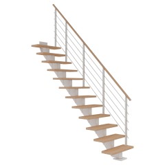 Dolle Mittelholmtreppe Hamburg Gerade Eiche weiß, geölt 85 cm breit für Geschosshöhen 222 – 258 cm UK Metall Weiß inkl. einseitigem Designgeländer