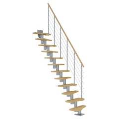 Dolle Mittelholmtreppe Basel Ahorn, lackiert 64 cm breit für Geschosshöhen 222 – 276 cm UK Metall Perlgrau inkl. einseitigem Designgeländer