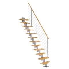 Dolle Mittelholmtreppe Basel Buche, lackiert 64 cm breit für Geschosshöhen 240,5 – 299 cm UK Metall Perlgrau inkl. einseitigem Designgeländer