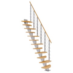 Dolle Mittelholmtreppe Berlin Buche, geölt 64 cm breit für Geschosshöhen 240 – 292 cm UK Metall Perlgrau inkl. einseitigem Designgeländer