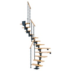 Dolle Mittelholmtreppe Dublin 1/2 gewendelt aus Buche lackiert 65 cm breit für GH 278–337 cm UK Metall Anthrazit mitlaufende Edelstahlstäbe