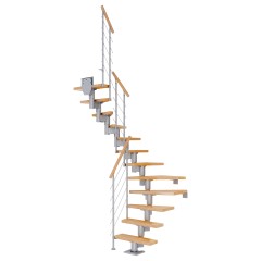 Dolle Mittelholmtreppe Dublin 1/2 gewendelt aus Buche lackiert 75 cm breit für GH 222–270 cm UK Metall Perlgrau mitlaufende Edelstahlstäbe