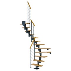 Dolle Mittelholmtreppe Dublin 1/2 gewendelt aus Eiche lackiert 65 cm breit für GH 259–315 cm UK Metall Anthrazit mitlaufende Edelstahlstäbe