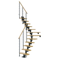 Dolle Mittelholmtreppe Dublin 1/4 gewendelt aus Buche lackiert 71 cm breit für GH 222–270 cm UK Metall Perlgrau mitlaufende Edelstahlstäbe
