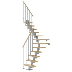 Dolle Mittelholmtreppe Dublin 1/4 gewendelt aus Ahorn lackiert 65 cm breit für GH 240–292 cm UK Metall Perlgrau mit Einzelstabgeländer