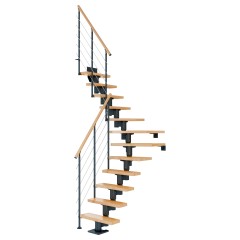 Dolle Mittelholmtreppe Dublin 1/4 gewendelt aus Buche lackiert 75 cm breit für GH 240–292 cm UK Metall Anthrazit mitlaufende Edelstahlstäbe