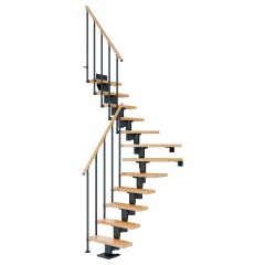 Dolle Mittelholmtreppe Dublin 1/4 gewendelt aus Buche lackiert 65 cm breit für GH 259–315 cm UK Metall Anthrazit mit Einzelstabgeländer