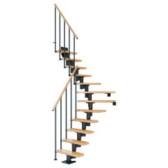 Dolle Mittelholmtreppe Dublin 1/4 gewendelt aus Buche lackiert 61 cm breit für GH 278–337 cm UK Metall Anthrazit mit Einzelstabgeländer