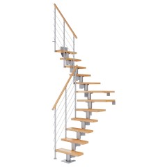 Dolle Mittelholmtreppe Dublin 1/4 gewendelt aus Buche lackiert 65 cm breit für GH 259–315 cm UK Metall Perlgrau mitlaufende Edelstahlstäbe