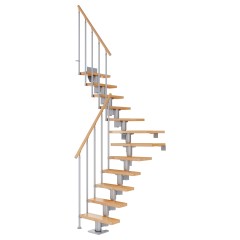 Dolle Mittelholmtreppe Dublin 1/4 gewendelt aus Buche lackiert 75 cm breit für GH 222–270 cm UK Metall Perlgrau mit Einzelstabgeländer