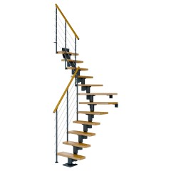 Dolle Mittelholmtreppe Dublin 1/4 gewendelt aus Eiche lackiert 65 cm breit für GH 240–292 cm UK Metall Anthrazit mitlaufende Edelstahlstäbe