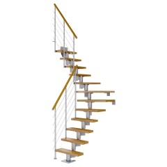 Dolle Mittelholmtreppe Dublin 1/4 gewendelt aus Eiche lackiert 75 cm breit für GH 240–292 cm UK Metall Perlgrau mitlaufende Edelstahlstäbe