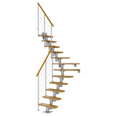 Dolle Mittelholmtreppe Dublin 1/4 gewendelt aus Eiche lackiert 61 cm breit für GH 278–337 cm UK Metall Perlgrau mitlaufende Edelstahlstäbe