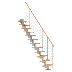 Dolle Mittelholmtreppe Dublin Gerade aus Buche lackiert 65 cm breit für GH 259–315 cm UK Metall Perlgrau mitlaufende Edelstahlstäbe