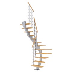 Dolle Mittelholmtreppe Frankfurt 1/2 gewendelt Buche, geölt 65 cm breit für GH 240 – 279 cm UK Metall Perlgrau mit Geländer