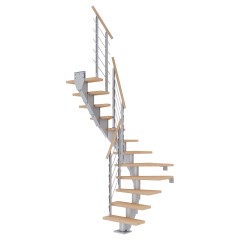 Dolle Mittelholmtreppe Frankfurt 1/2 gewendelt Eiche weiß, geölt 75 cm breit für GH 259 – 301 cm UK Metall Perlgrau mit Geländer