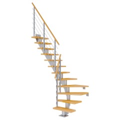 Dolle Mittelholmtreppe Frankfurt 1/4 gewendelt Buche, geölt 65 cm breit für GH 240 – 279 cm UK Metall Perlgrau mit Geländer