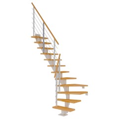 Dolle Mittelholmtreppe Frankfurt 1/4 gewendelt Buche, geölt 65 cm breit für Geschosshöhen 222 – 258 cm UK Metall Weiß inkl. einseitigem Designgeländer