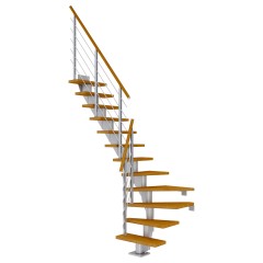 Dolle Mittelholmtreppe Frankfurt 1/4 gewendelt Eiche, geölt 75 cm breit für GH 259 – 301 cm UK Metall Perlgrau mit Geländer